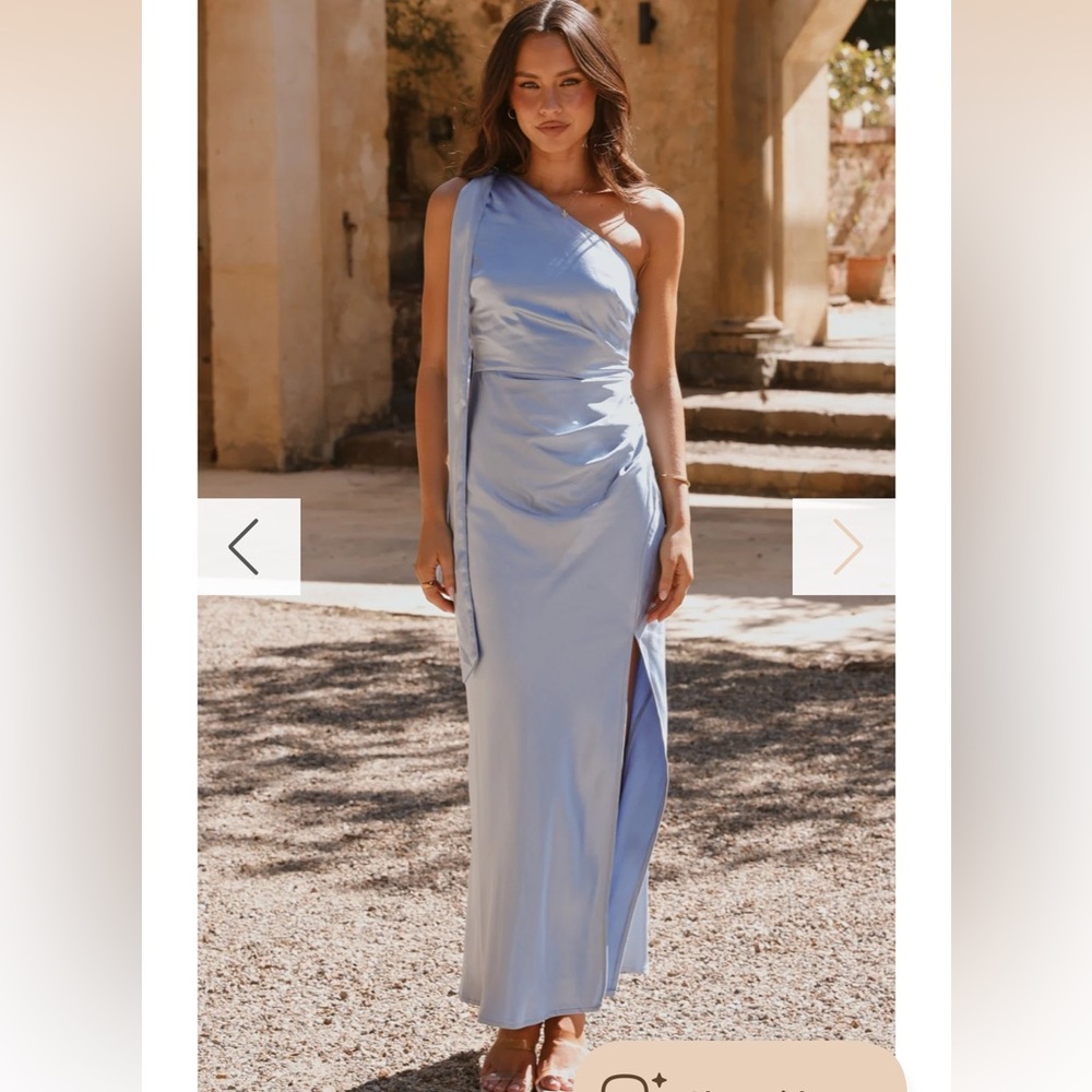 BRAND NEW WITH TAGS Billy J One-Shoulder Light Blue Satin Gown with neck scarf